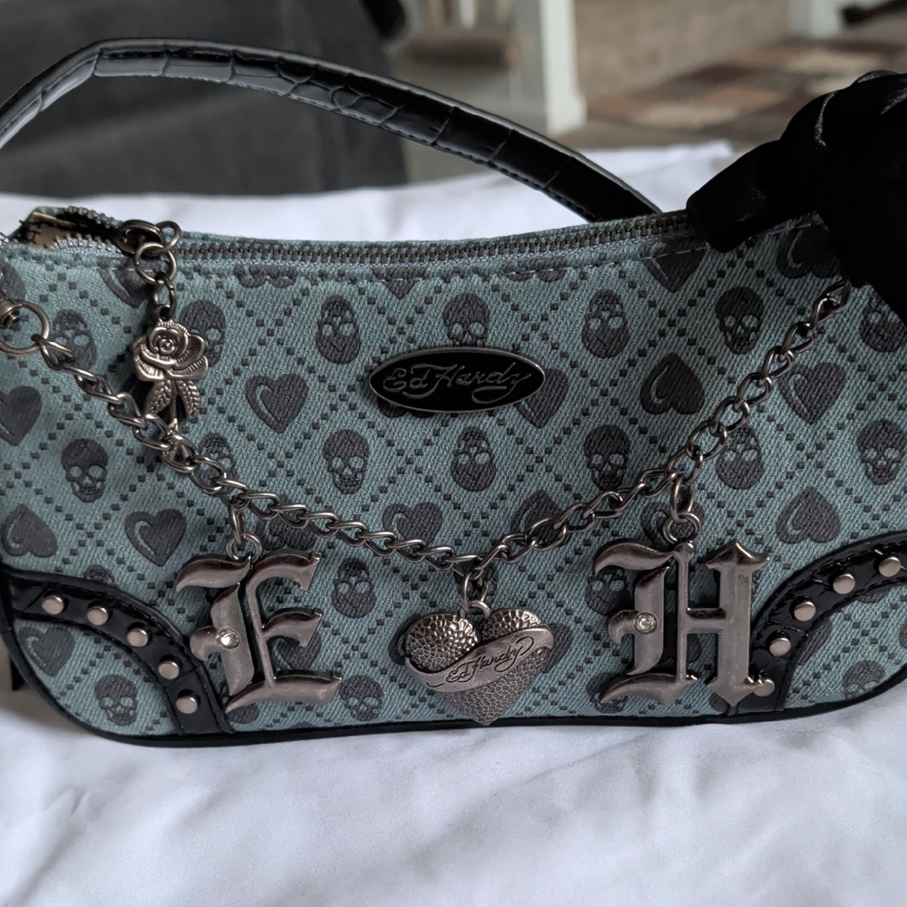 Ed Hardy Mint Green Skull & Heart Charm Mini Bag with Silver Accents